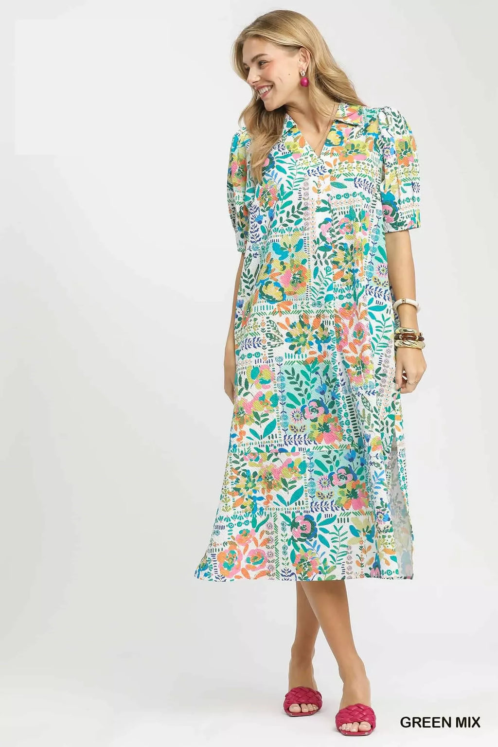 Umgee Folk Print Midi Dress in Green Mix - styled casual outfit view