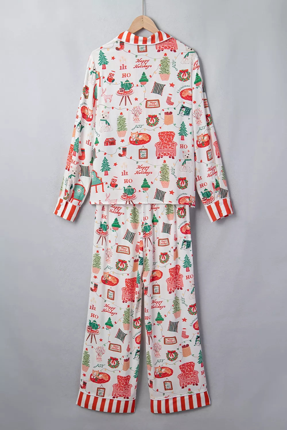 White striped holiday lounge set with button-front top and pants - view 9
