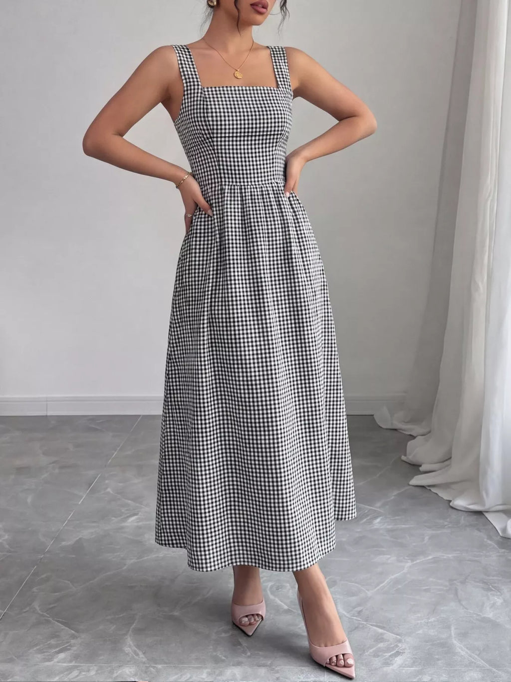 Square Neck Gingham Midi Dress - pleated gingham midi dress, view 3