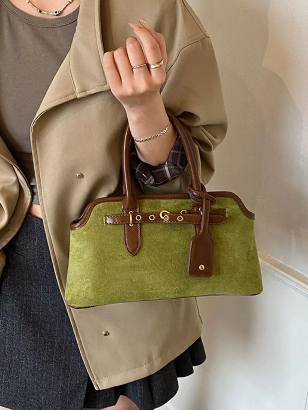 Suede Buckle Detail Handbag in black, coffee brown, green and yellow, alternate view