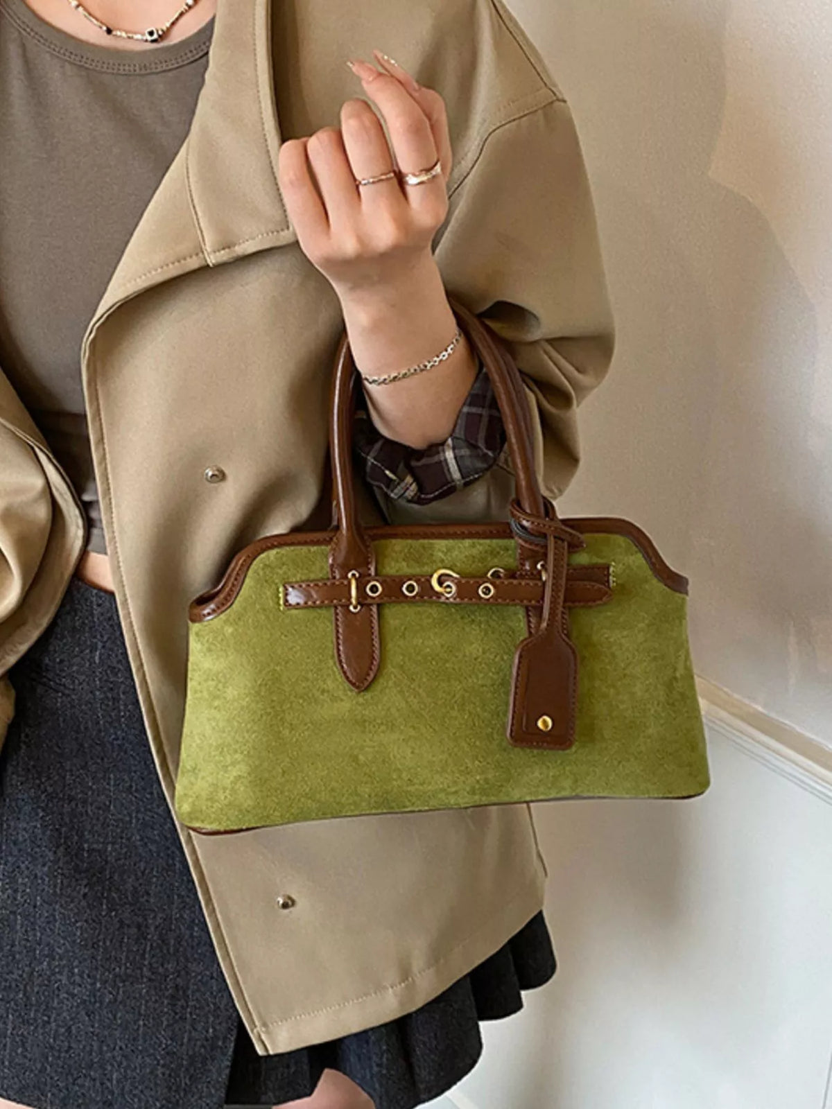 Suede Buckle Detail Handbag in black, coffee brown, green and yellow, alternate view