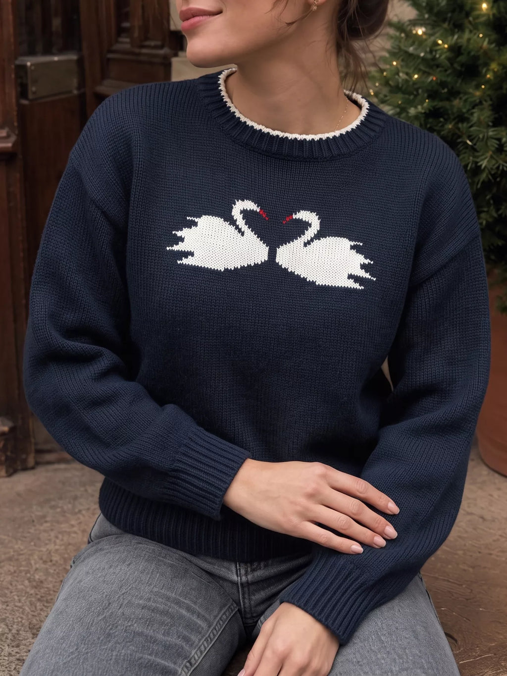 Women's navy swan sweater with drop shoulders, alternate view