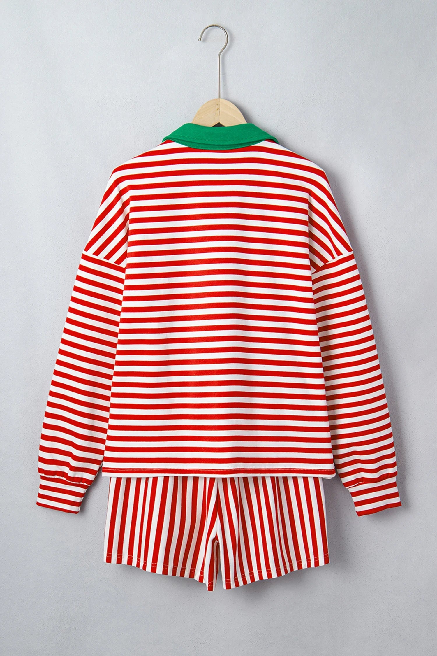 Stripe Colorblock Long Sleeve Collar Top and Shorts Set in Red Stripe, styled view