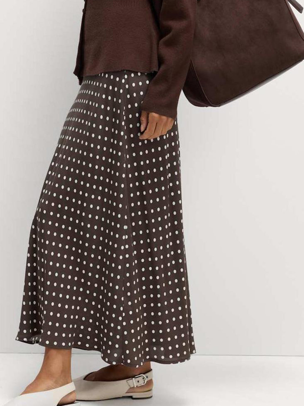 Polka Dot Midi Skirt in Brown - close up of polka dot print