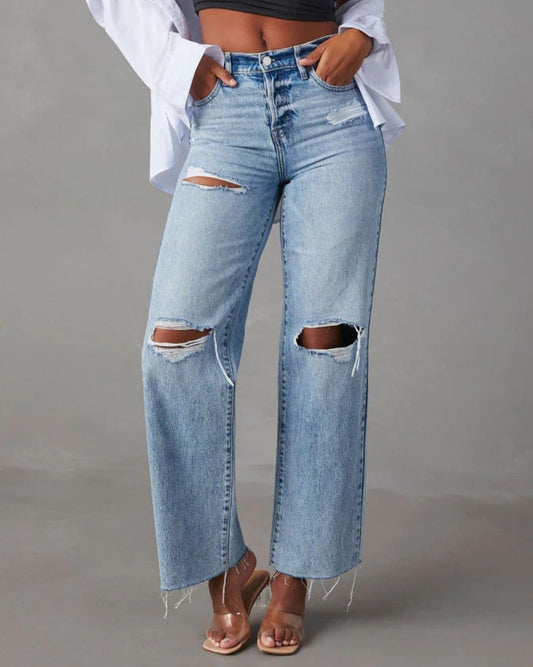 Distressed Straight Leg Jeans with Pockets