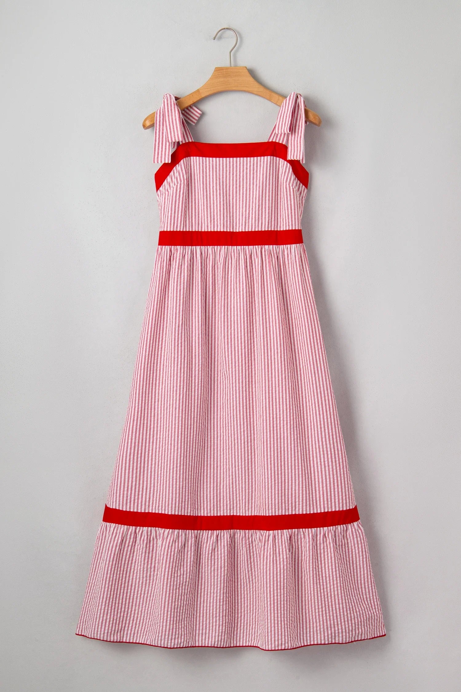Stripe Bow Tie Straps Ruffle Hem Maxi Dress in Red Stripe - back view