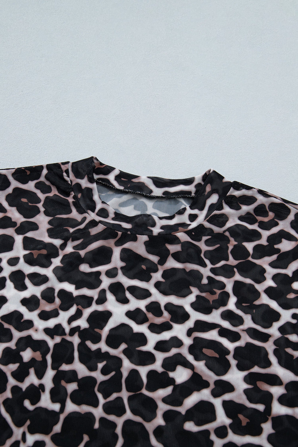 Leopard Sheer Mesh Short Sleeve Top in Khaki - styled layered over tank