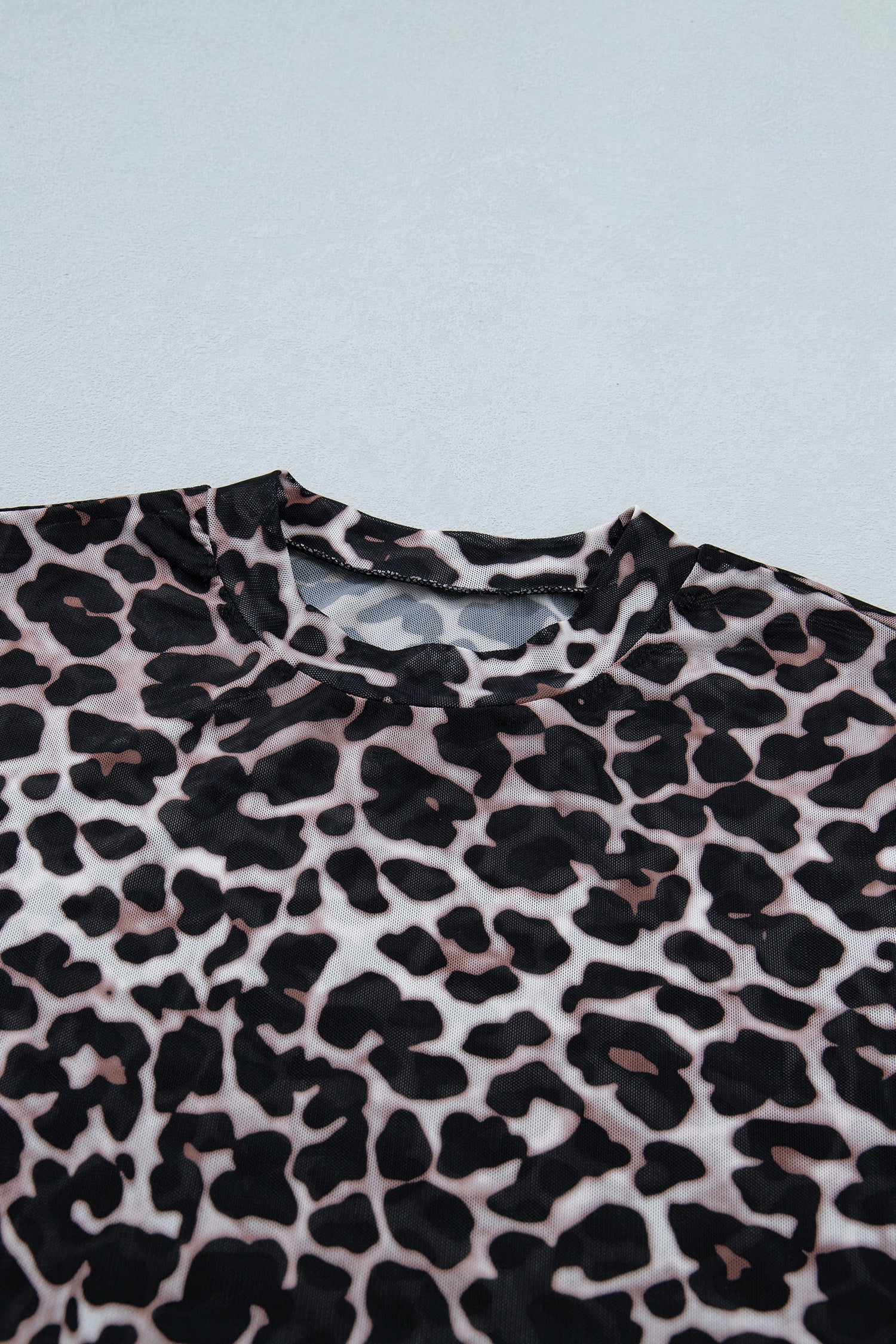 Leopard Sheer Mesh Short Sleeve Top in Khaki - styled layered over tank