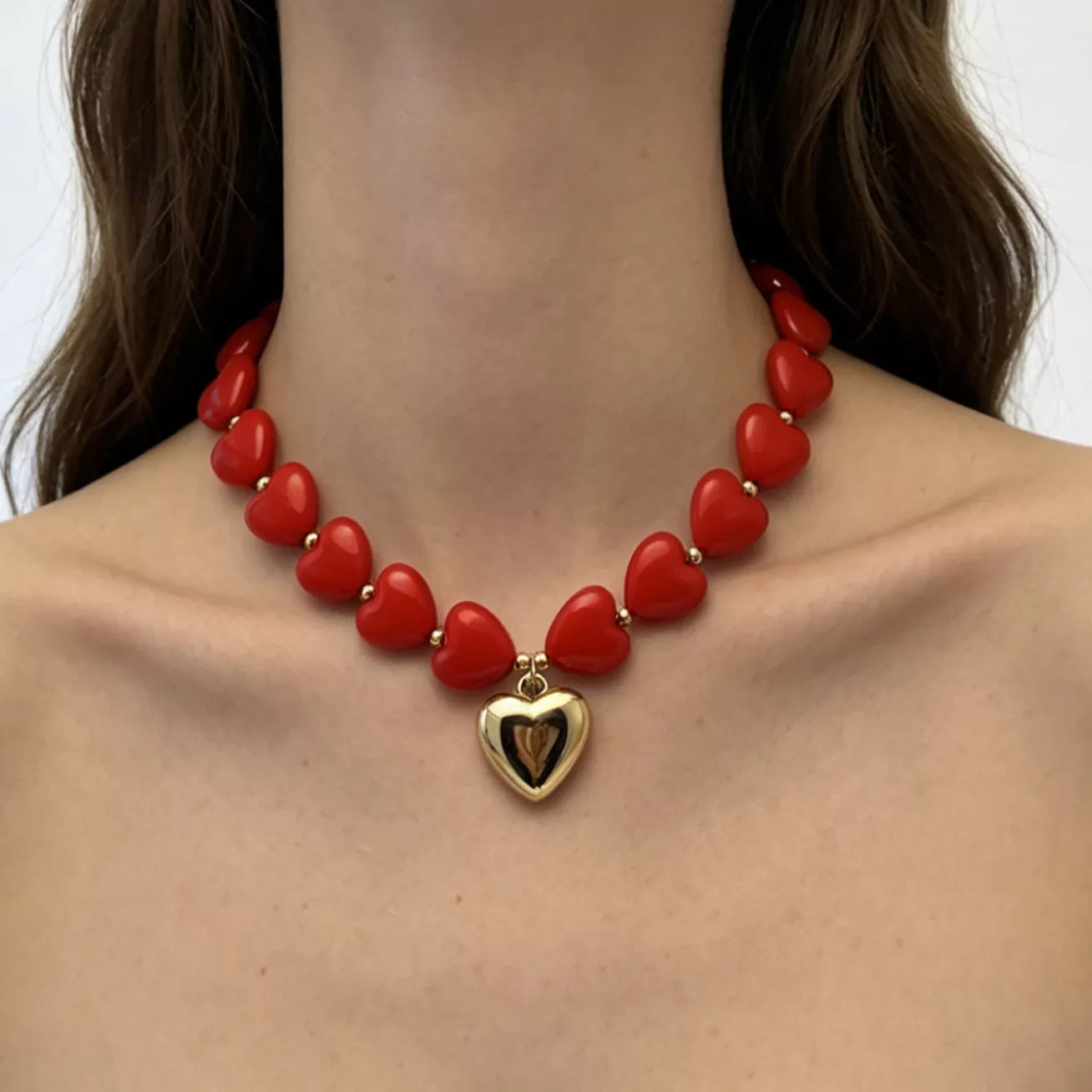 Heart-Shaped Resin Beaded Necklace - worn view