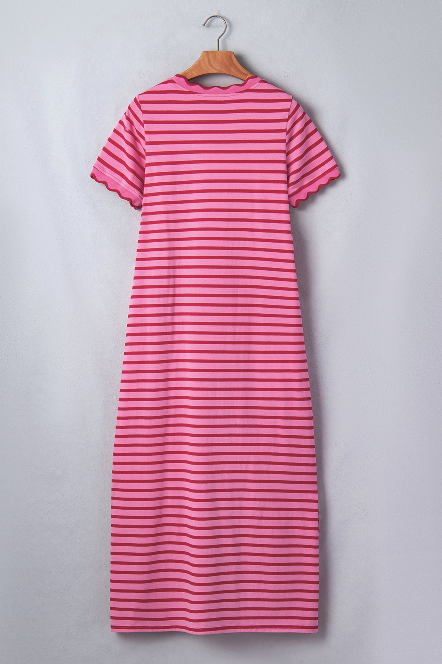 Stripe Scalloped Trim Short Sleeve Side Slit Dress in Rose Stripe - side view showing slit detail