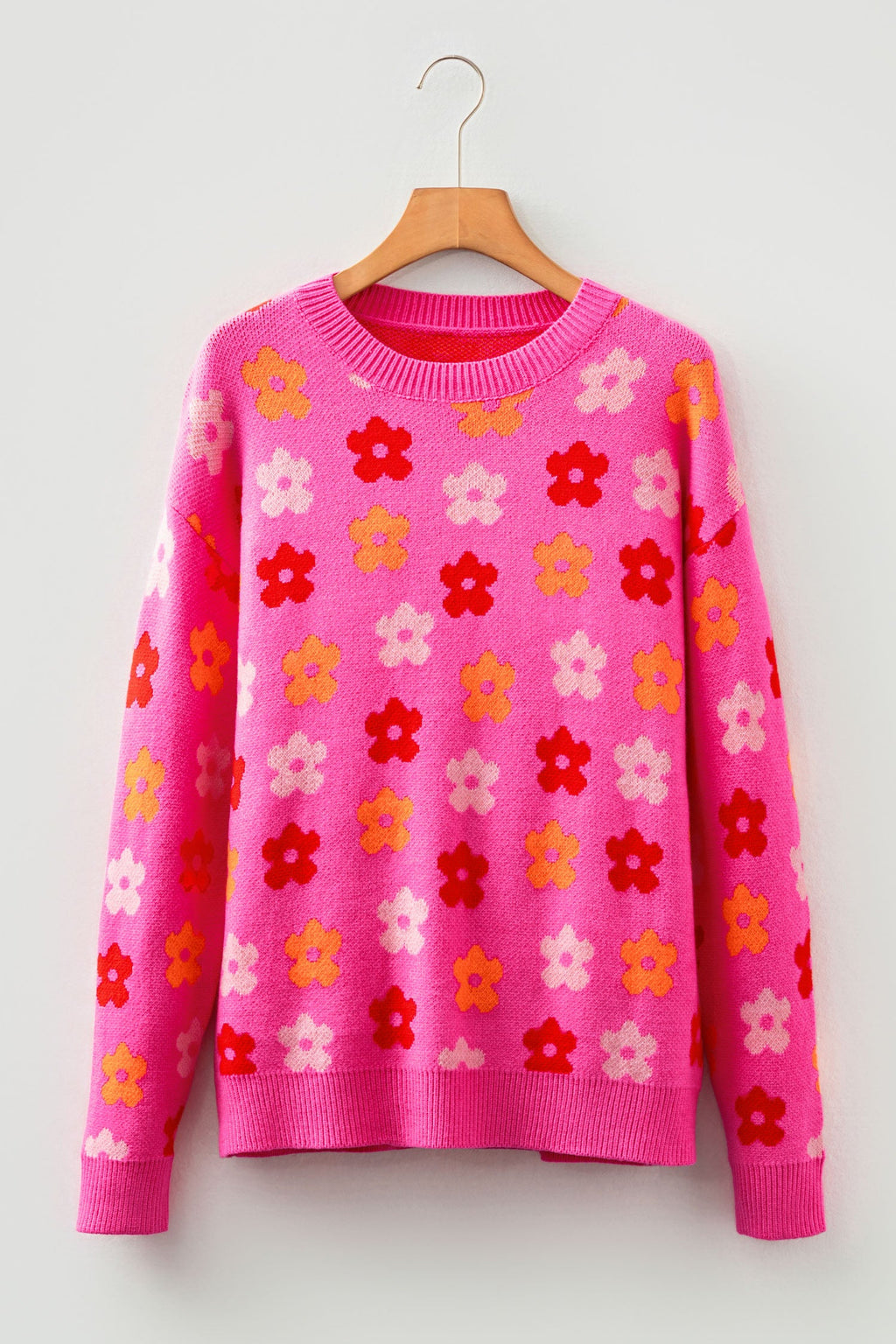 Flower Ribbed Trim Drop Shoulder Sweater in rose, detail