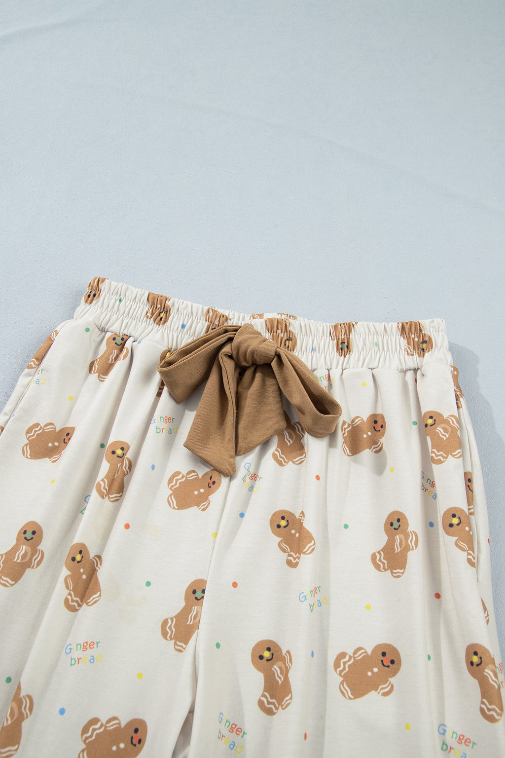 Christmas Gingerbread Top & Pants Pajama Set in khaki, close-up print detail