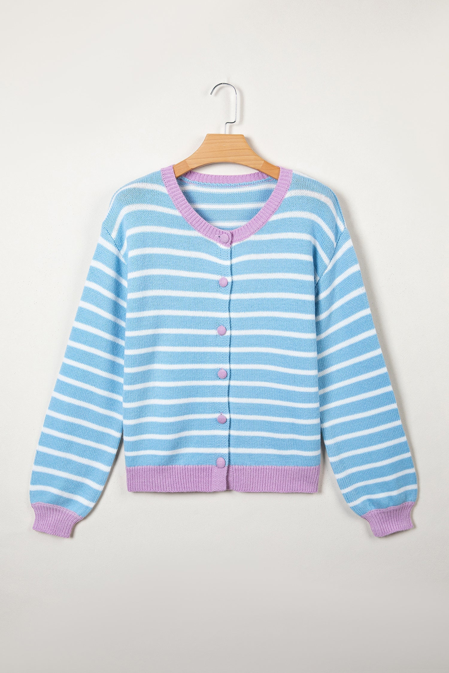 Stripe Open Front Cardigan in sky blue stripe, side view