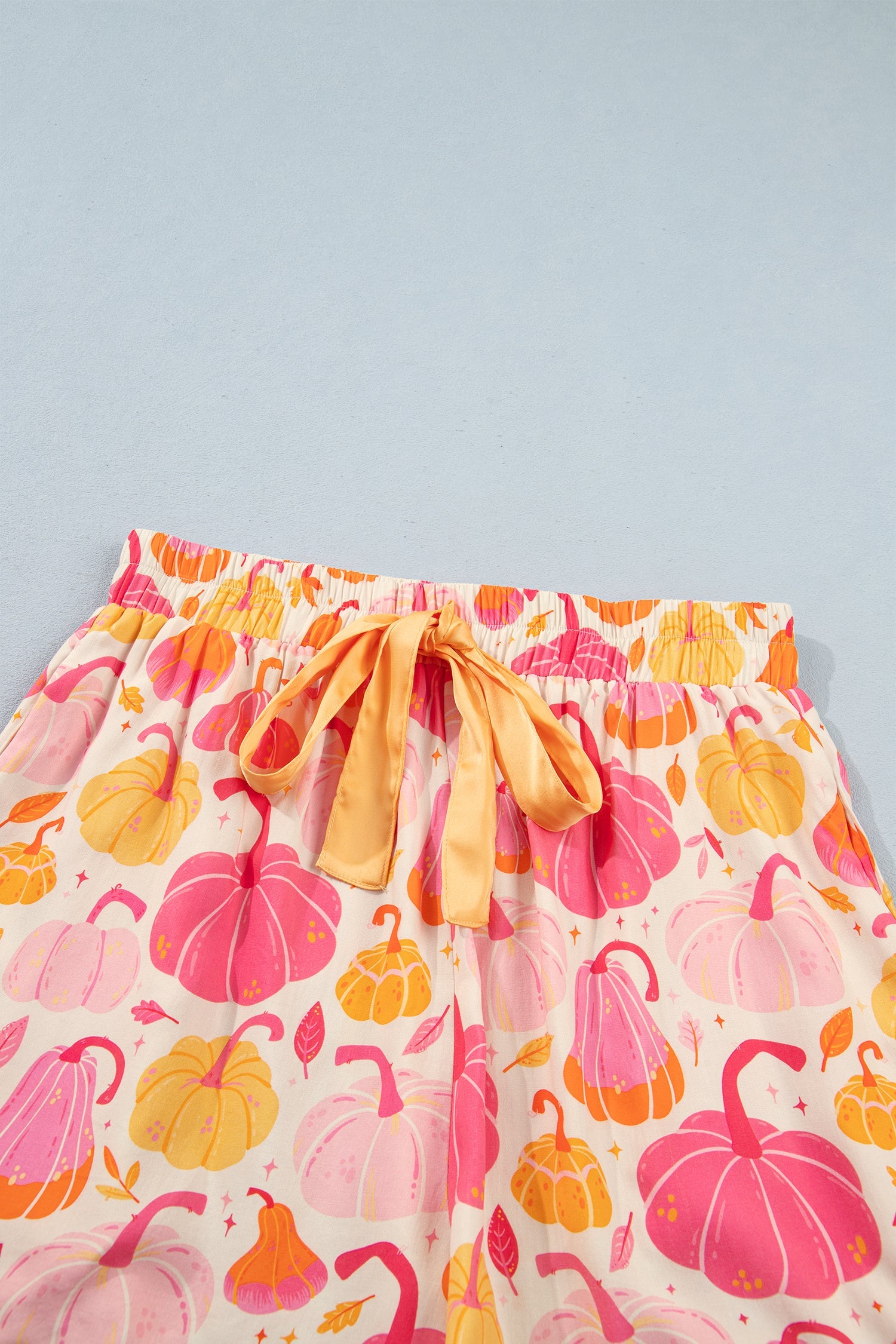 Halloween Pumpkin Top and Ruffle Shorts Lounge Set in Pink, close-up print detail