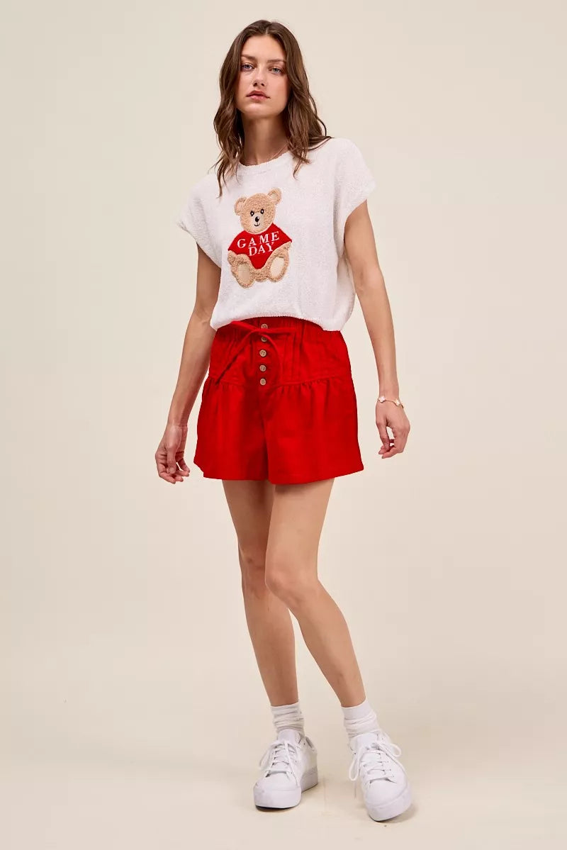 SO ME Denim Pintucked Buttoned Shorts With Waist Tie - high-waist denim shorts, view 6