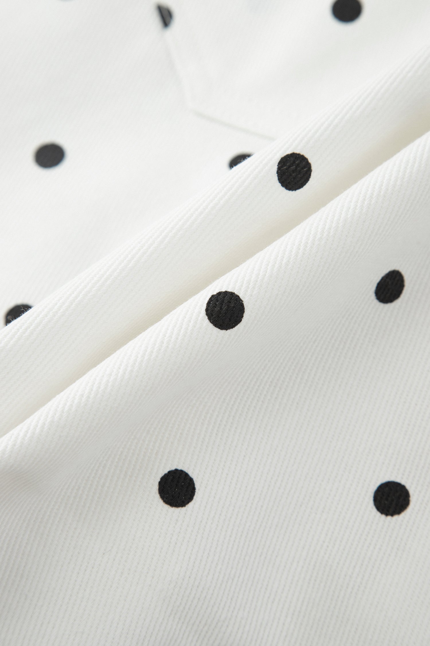 Close-up of polka dot embroidery on white denim shorts