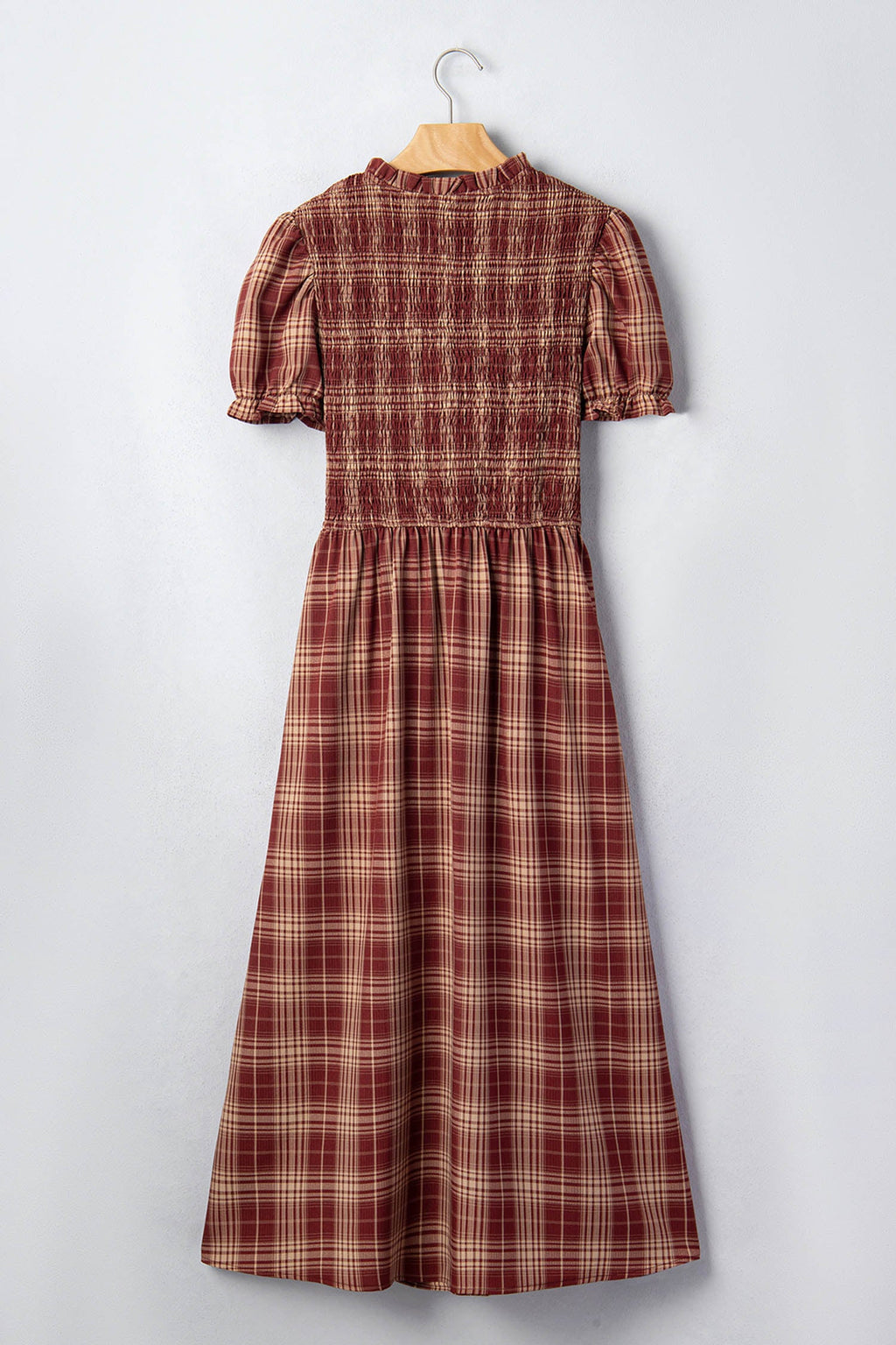 Plaid Vintage Knot Front Smocked High Waist Midi Dress in Red, styled view