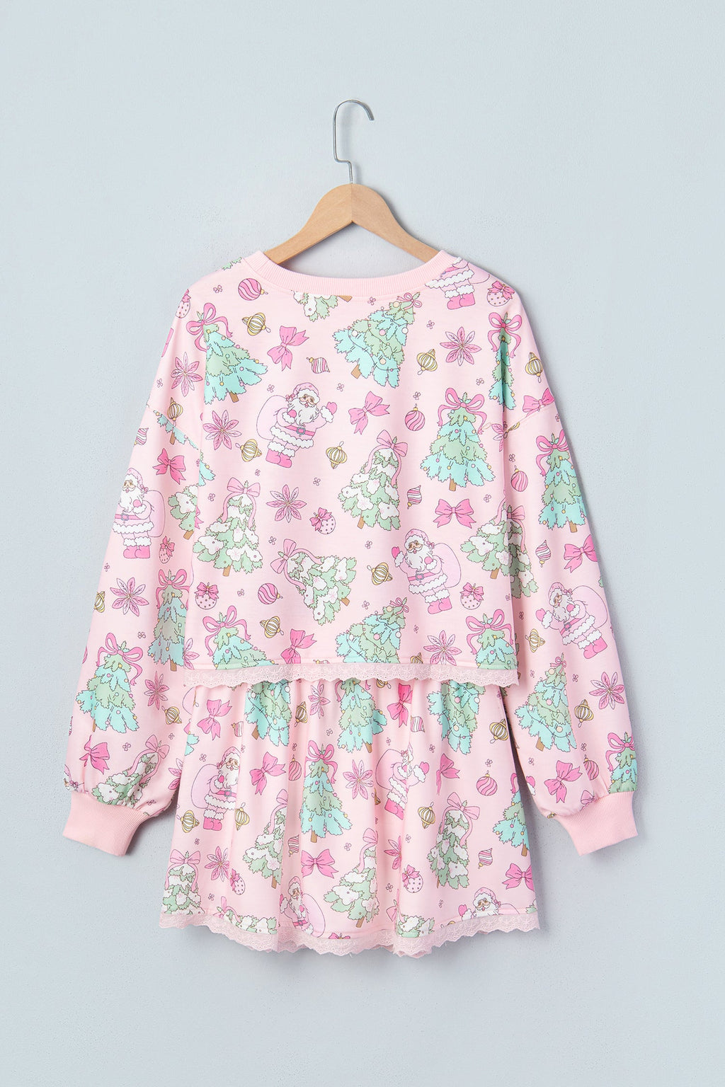 Christmas Tree and Santa Lace Trim Top and Skort Set in Pink, styled view