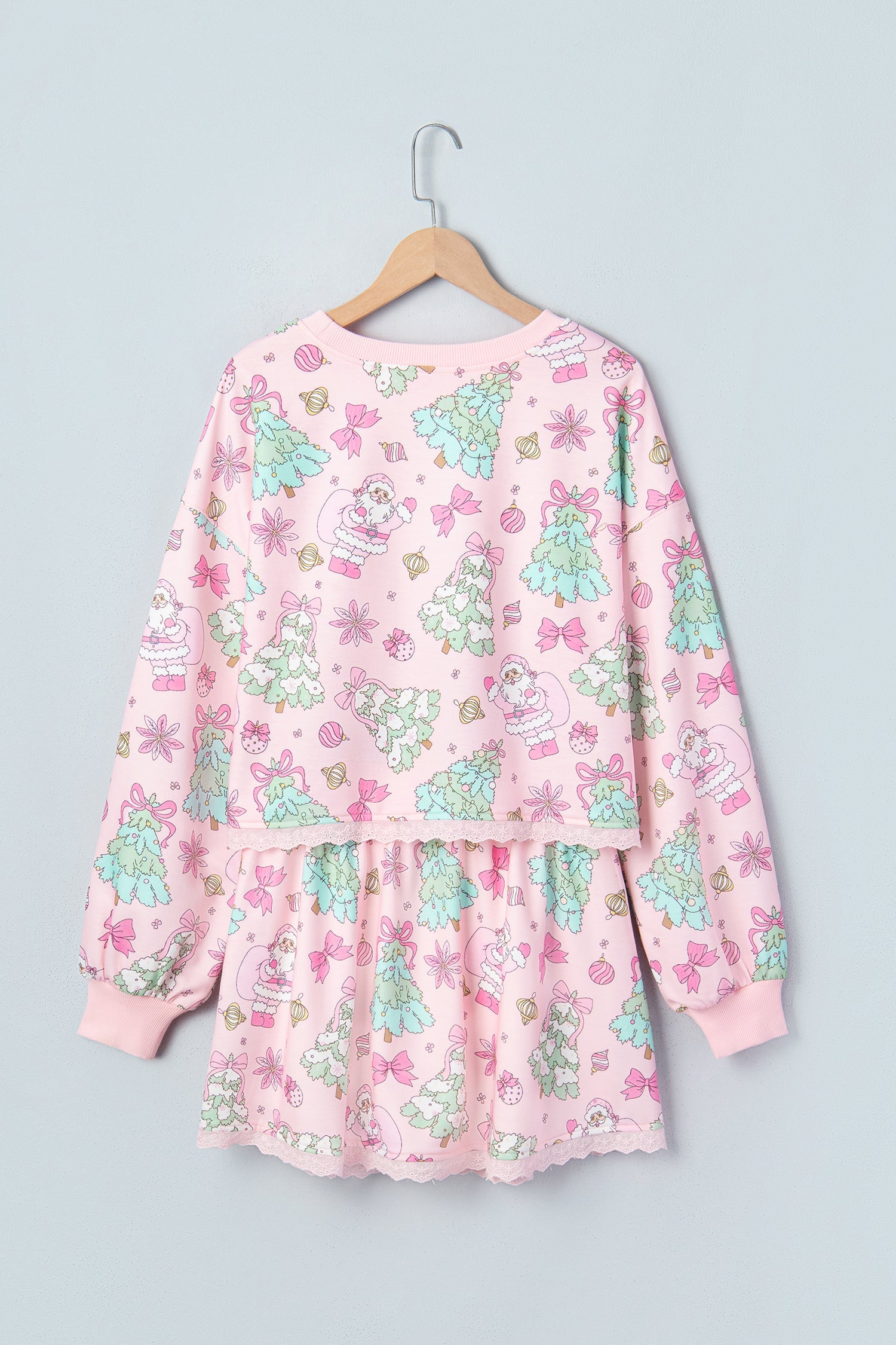 Christmas Tree and Santa Lace Trim Top and Skort Set in Pink, styled view