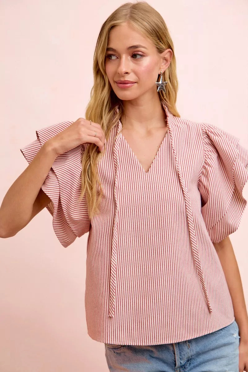 BiBi Twill Striped Ruffle Sleeve Blouse - twill striped ruffle blouse, view 2