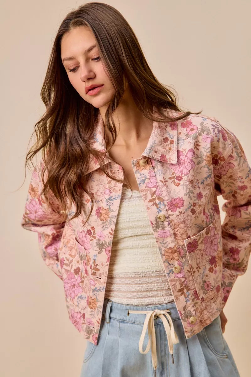 SO ME Floral Print Cotton Twill Button Down Barn Jacket - back view