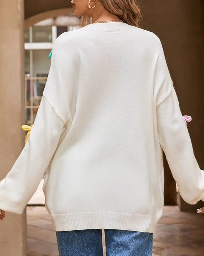 Contrast Bow Round Neck Dropped Shoulder Sweater