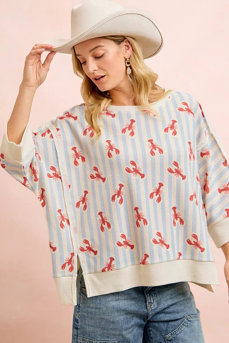 BiBi 4th Of July Lobsters Stripe Waffle Knit Sleeve Top - close up of lobster print and waffle knit sleeve