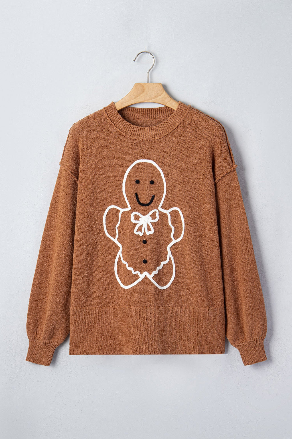 Gingerbread Drop Shoulder Oversized Christmas Sweater in Brown, detail view