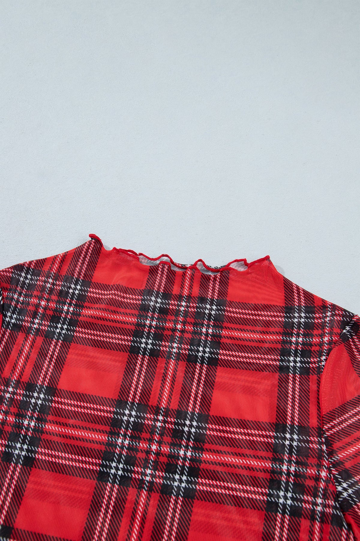 Plaid Mesh Lettuce Trim Top in red, close-up