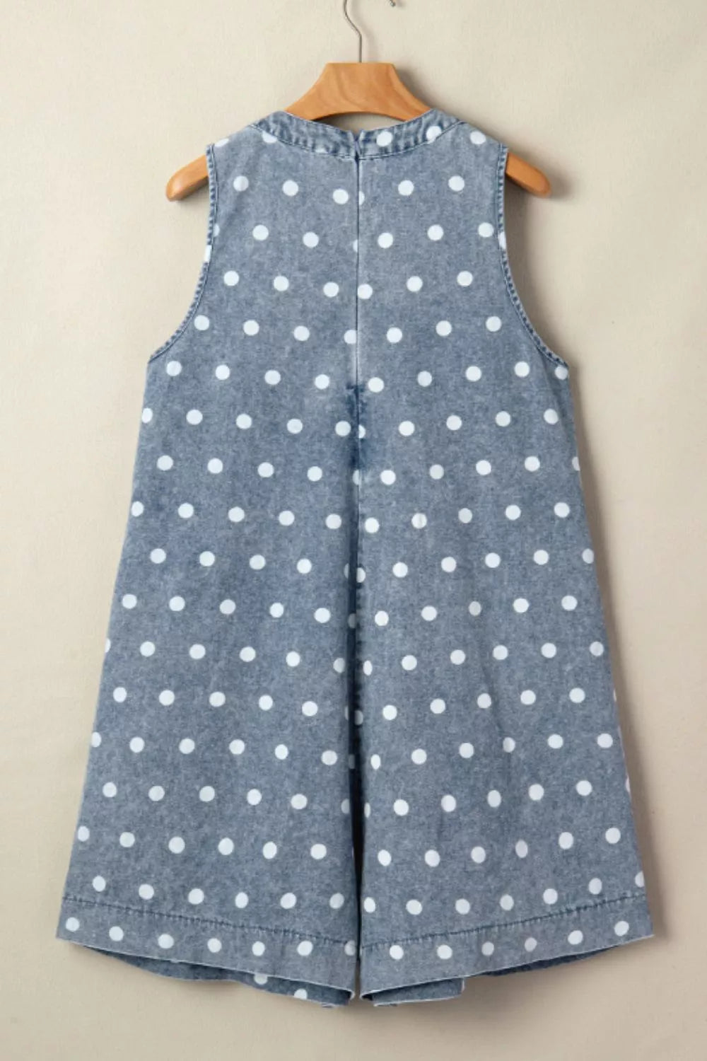 Vintage Polka Dot Denim Romper in Light Blue - full length styled view