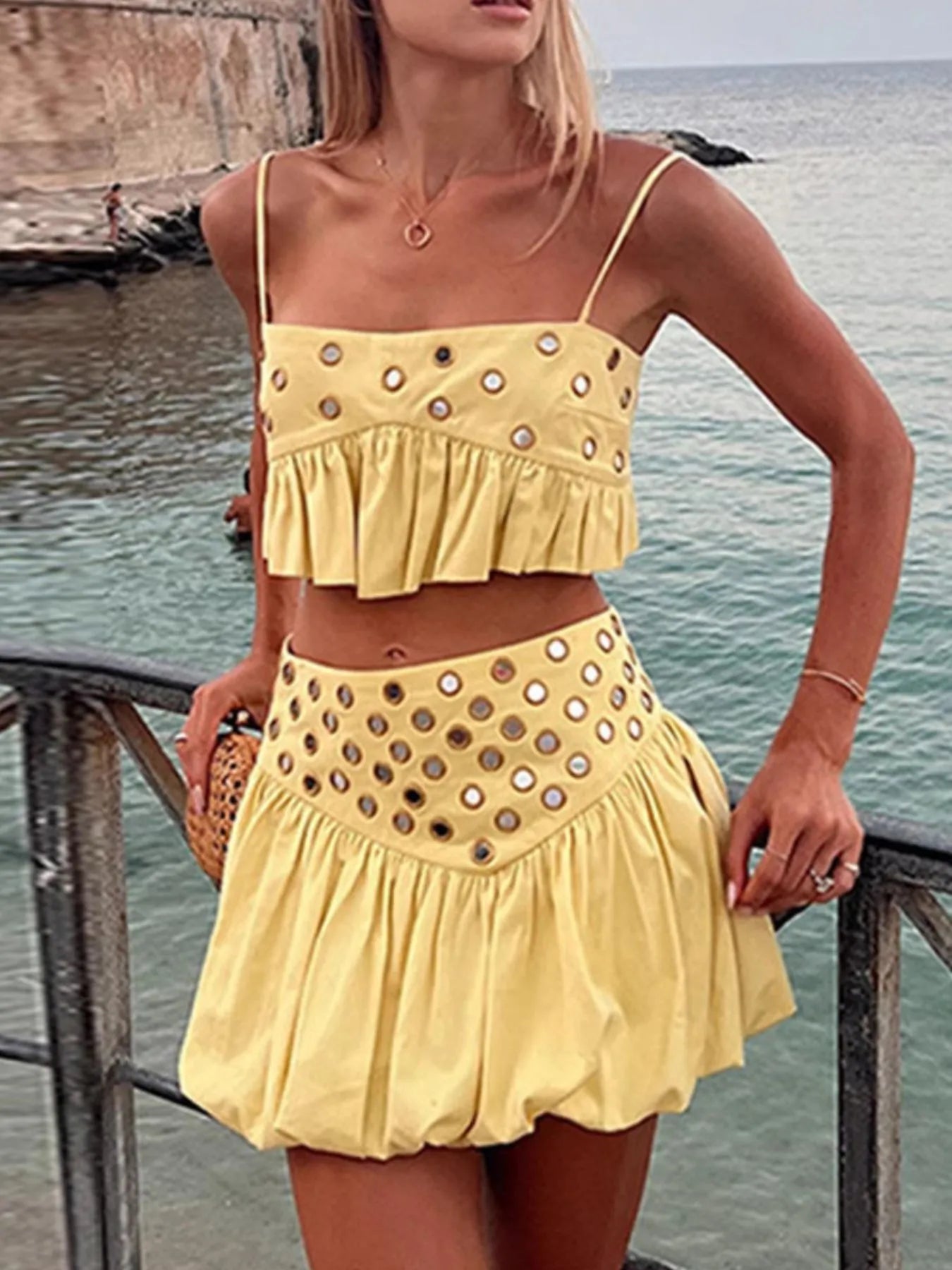 Eyelet Cami and Bubble Skirt Set - cutout ruffled two-piece set, view 1