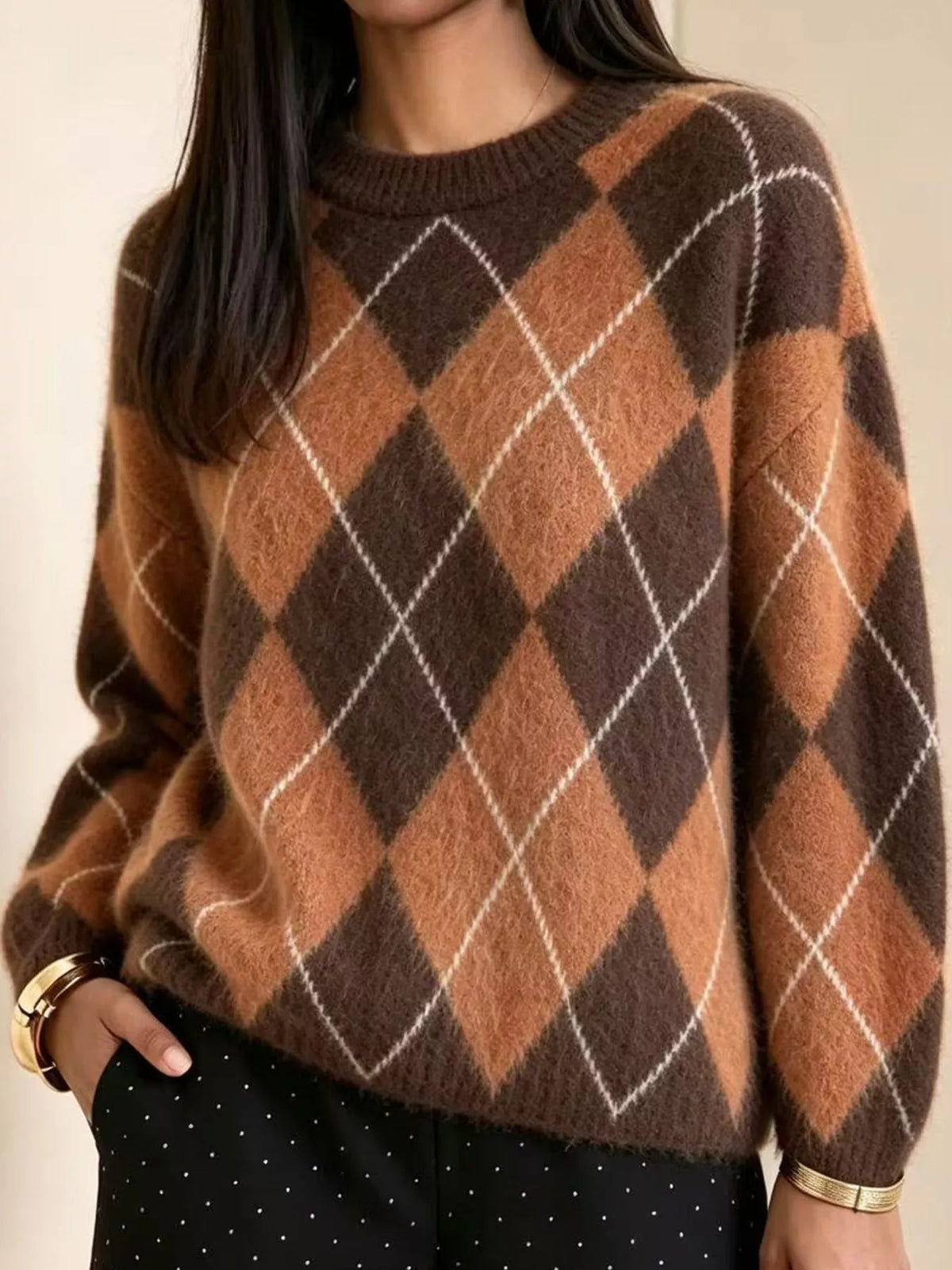 Argyle fuzzy knit sweater, women's relaxed fit - view 3