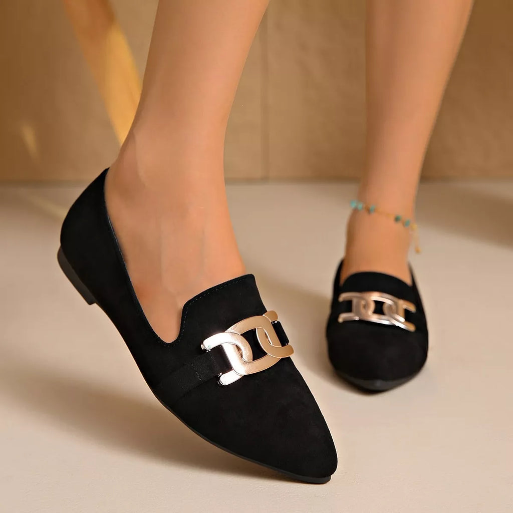 Pointed Toe Chain Detail Loafers in matcha green, black and pink, close-up detail