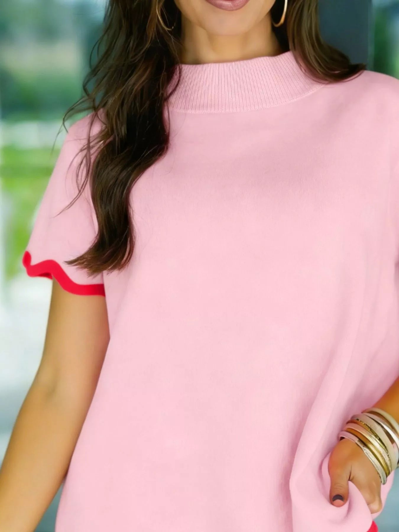 Stand Neck Contrast Wavy Trim Short Sleeve Sweater in Blush Pink - back view