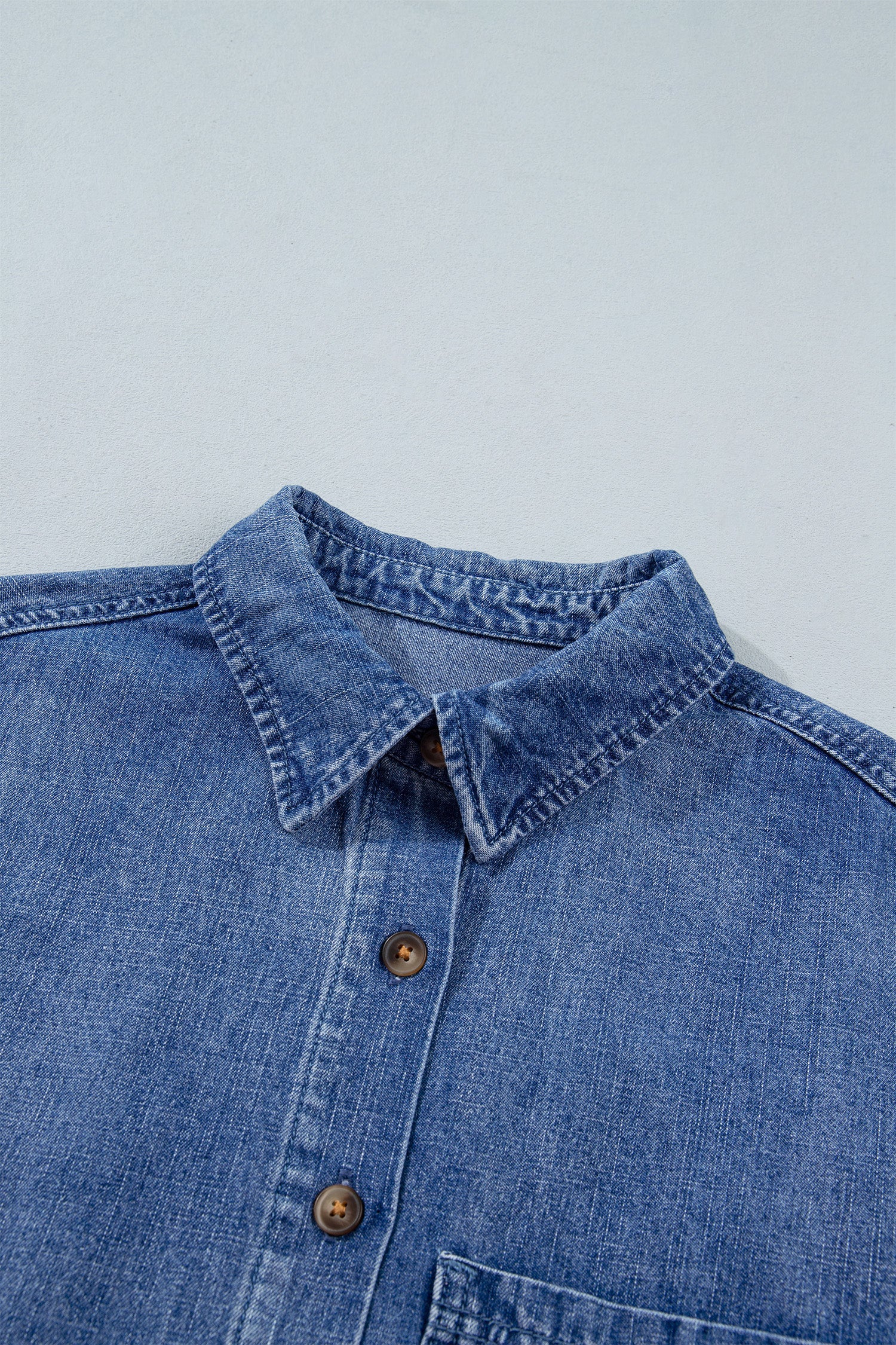 Denim Chest Pocket Button Shirt in dusk blue, close-up