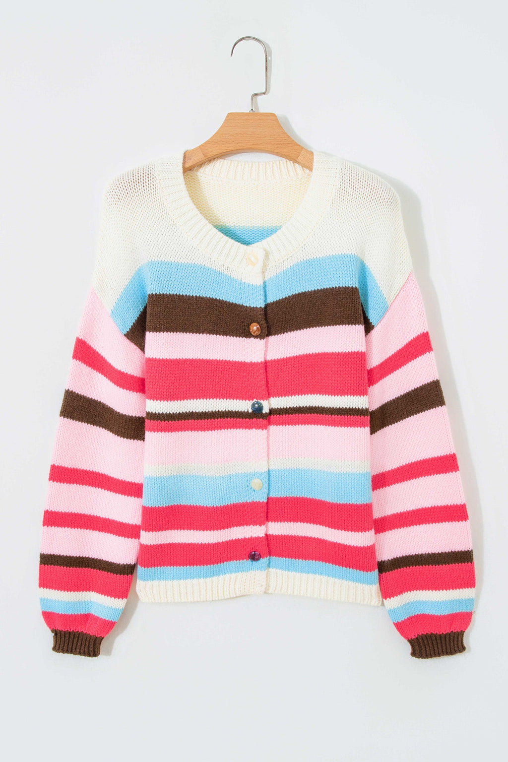 Stripe Colorblock Drop Shoulder Cardigan in pink stripe, side view