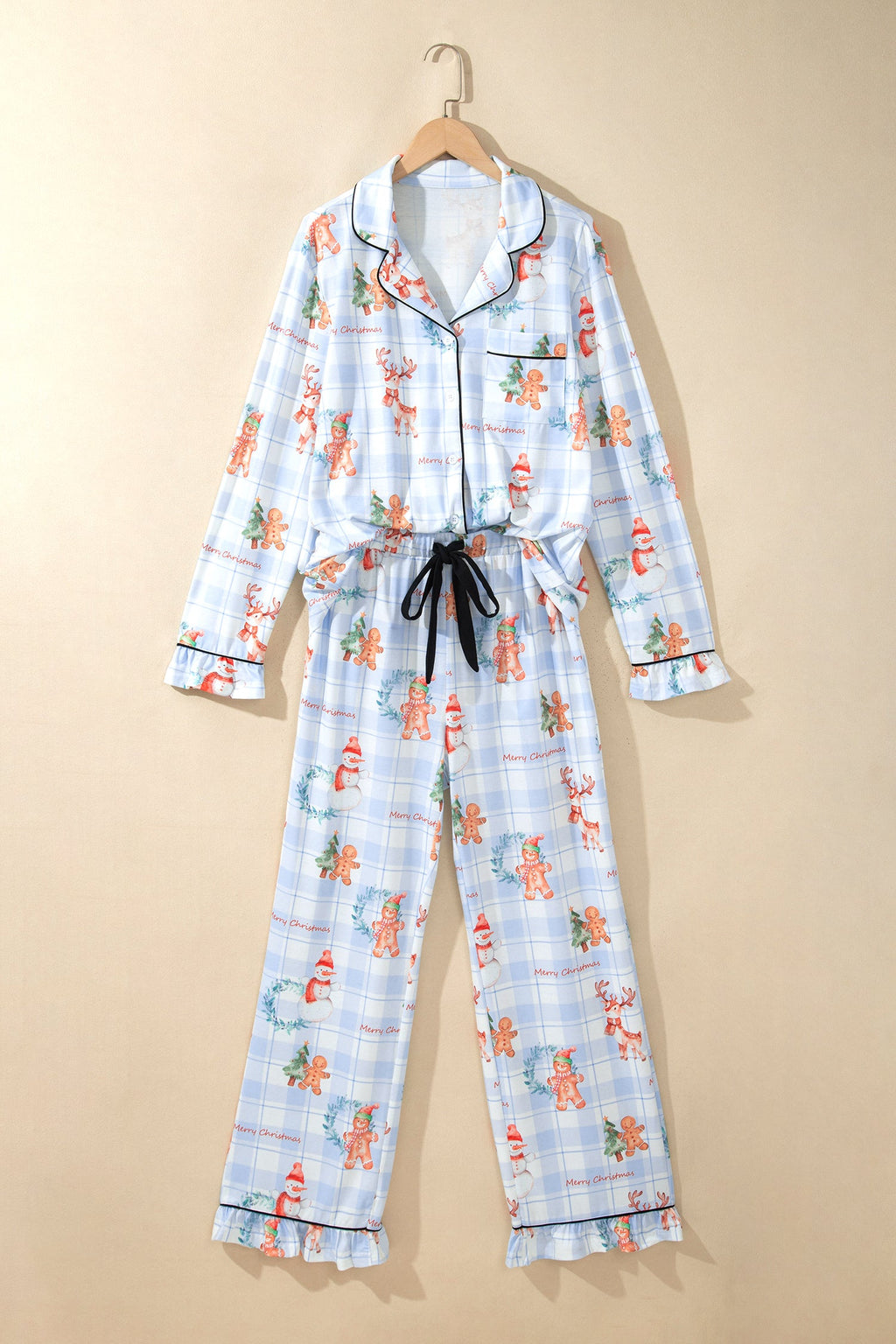 Christmas Plaid Ruffle Pajama Set in sky blue, detail view