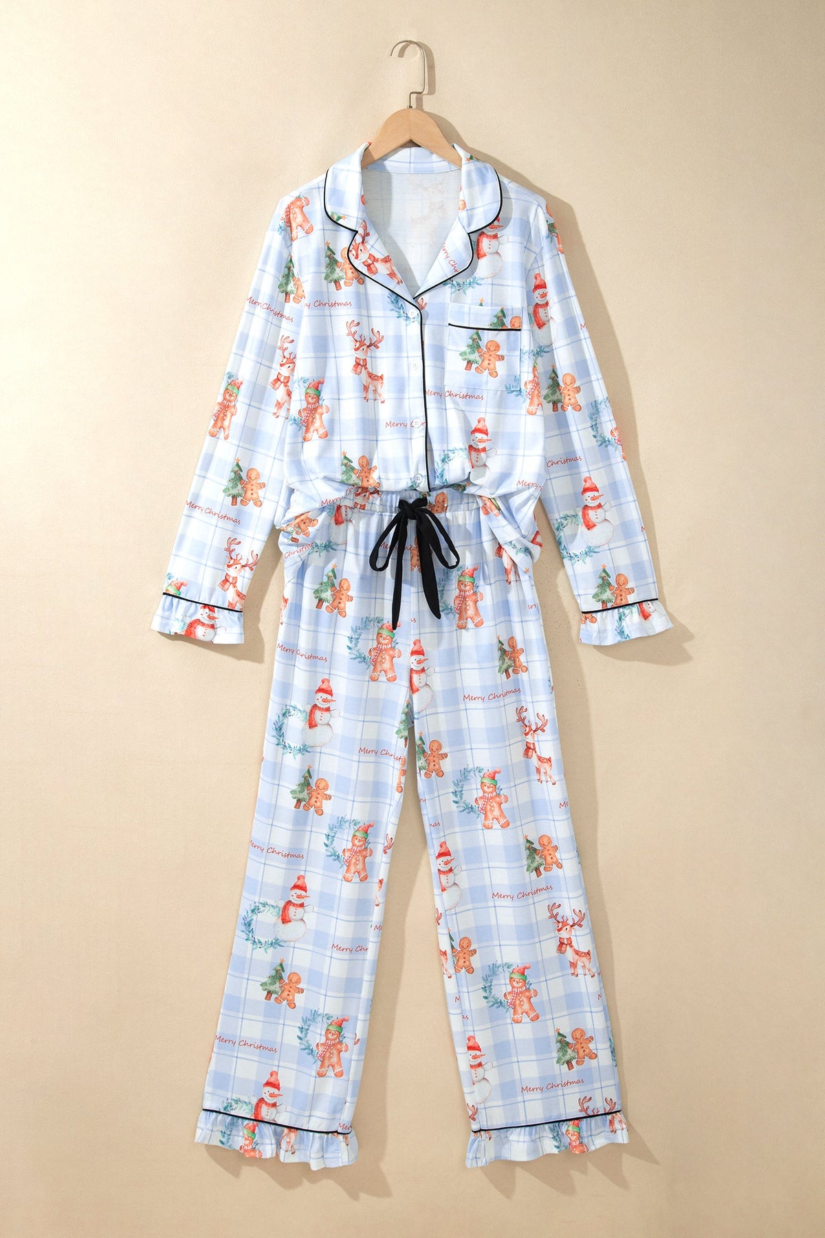 Christmas Plaid Ruffle Pajama Set in sky blue, detail view