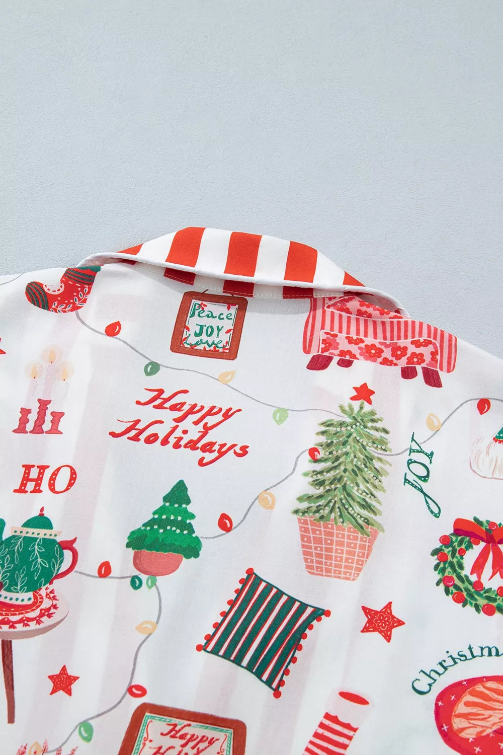 White striped holiday lounge set with button-front top and pants - view 12