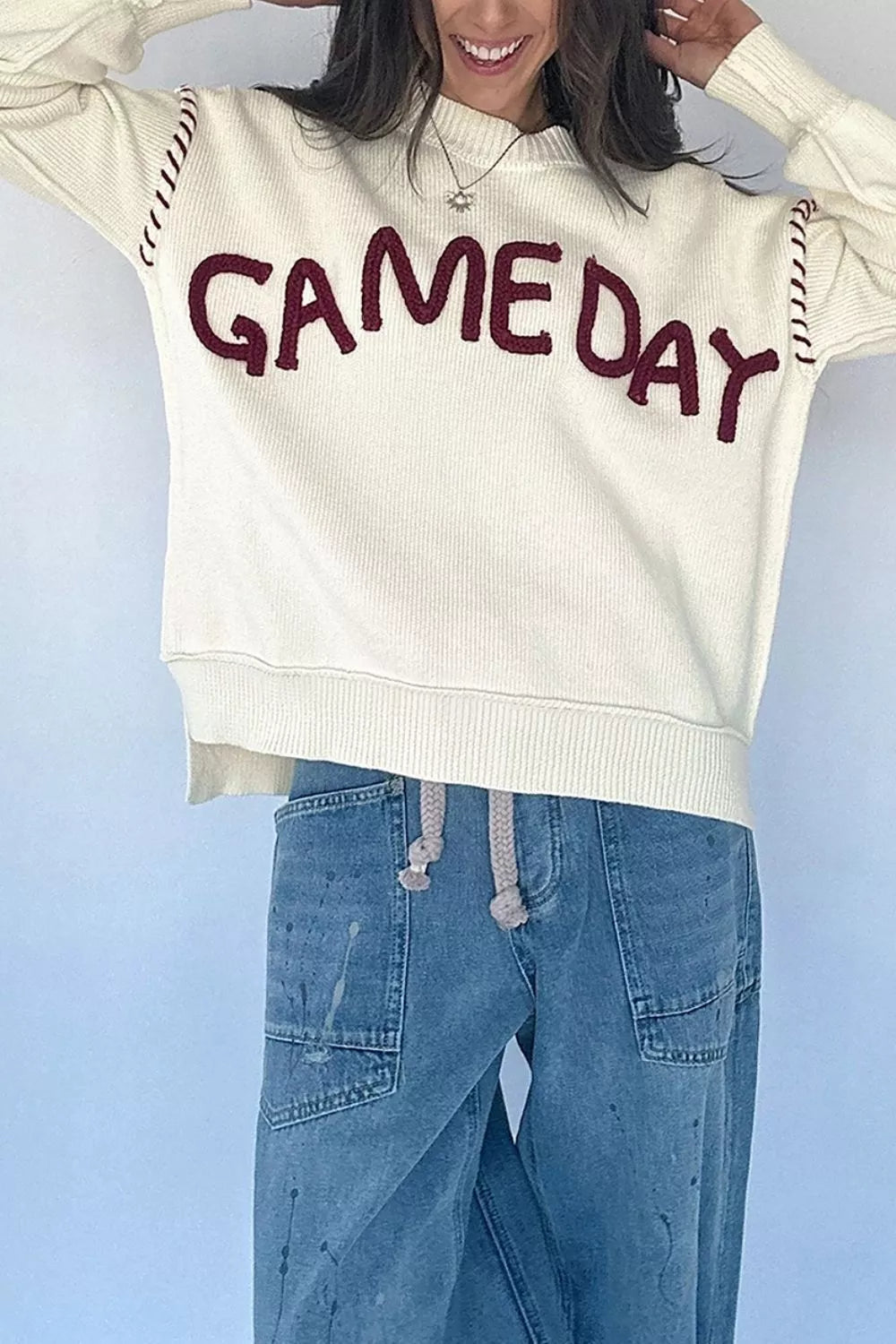 Drop Shoulder Game Day Letter Sweater - drop shoulder lettering sweater, view 5