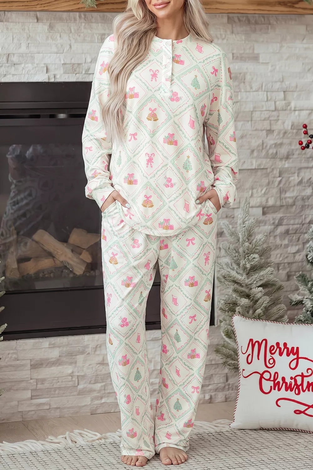 White patchwork Christmas lounge set with button-front top and drawstring pants - view 2