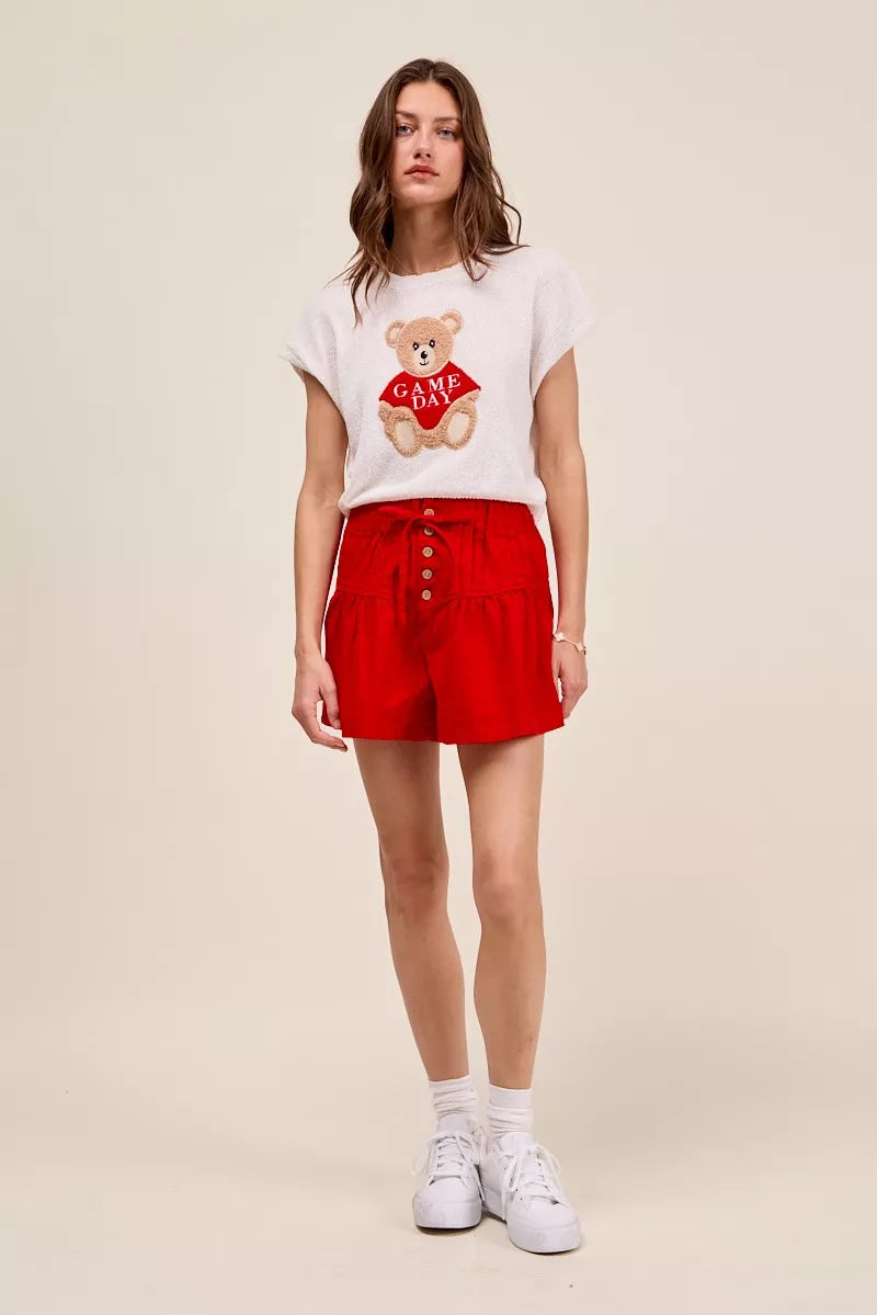 SO ME Denim Pintucked Buttoned Shorts With Waist Tie - high-waist denim shorts, view 5