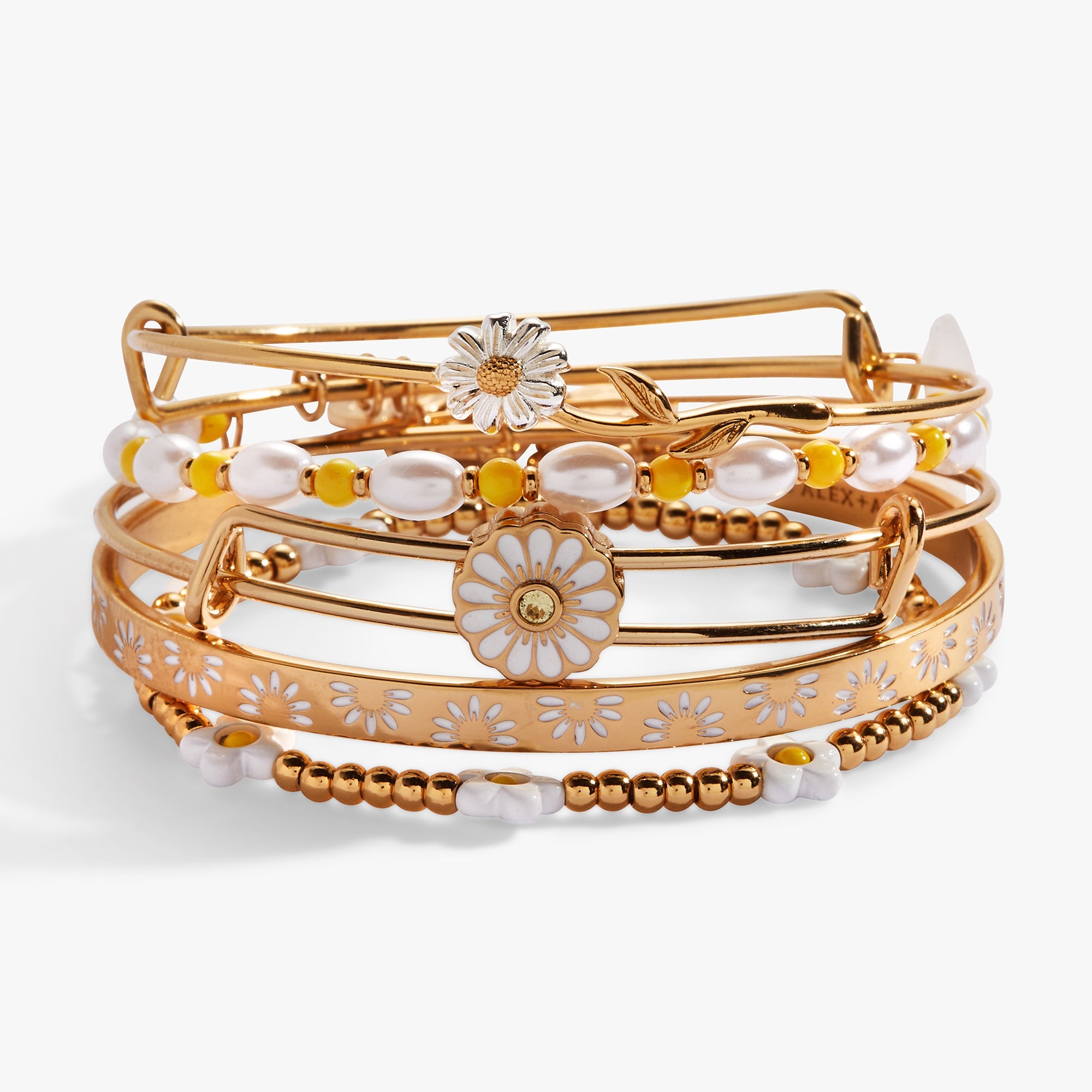 Daisy Flower Beaded Bangle Set of 5 in Gold - stacked daisy beaded bangles