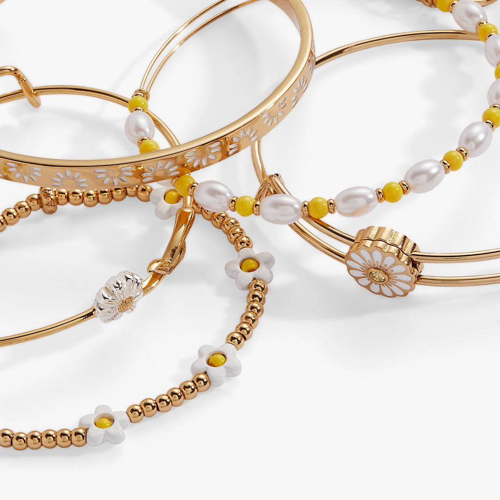 Daisy Flower Beaded Bangle Set of 5 - flat lay view showing all five bangles