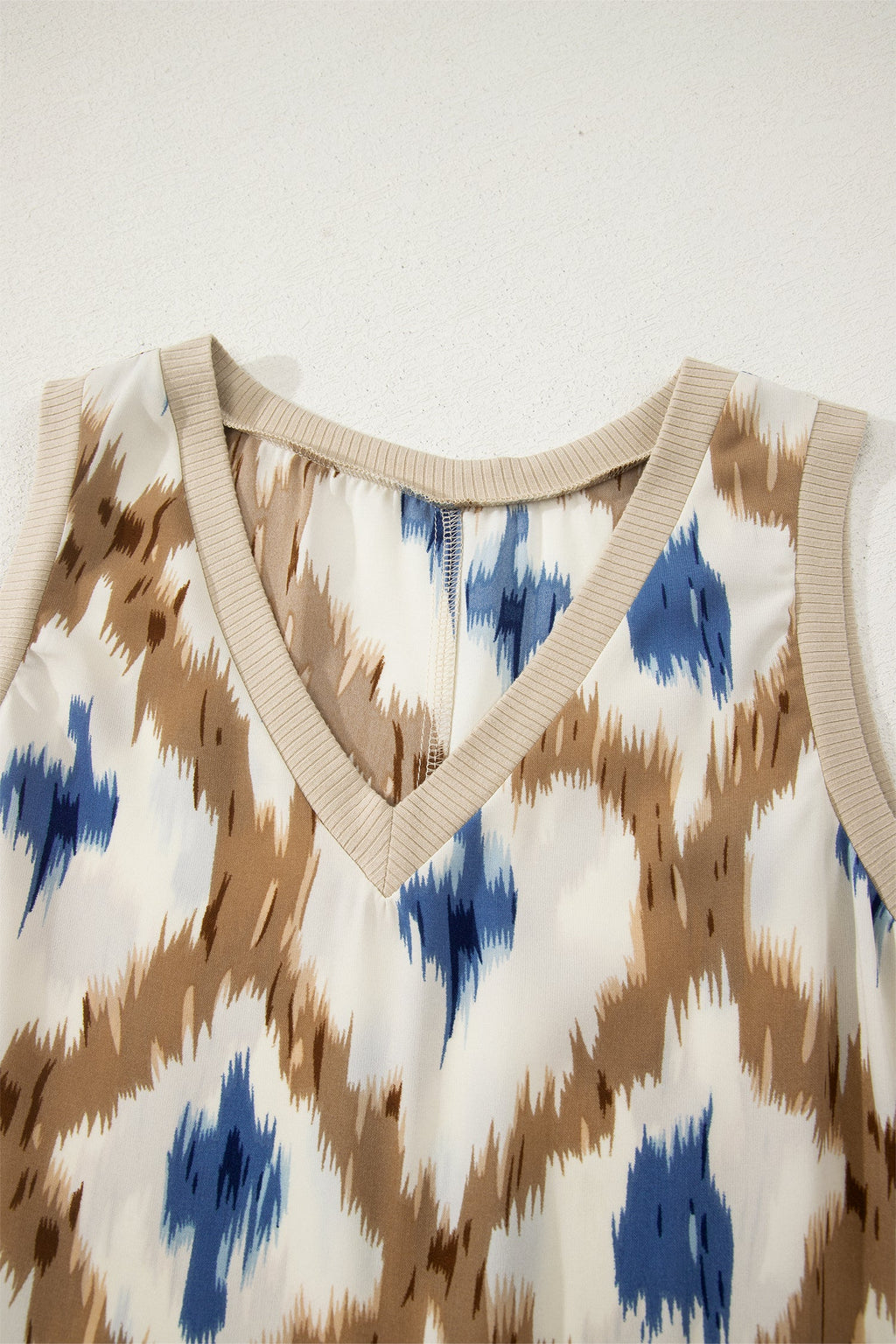 Boho Abstract V-Neck Sleeveless Maxi Dress in Khaki - close up of abstract print and V-neck detail
