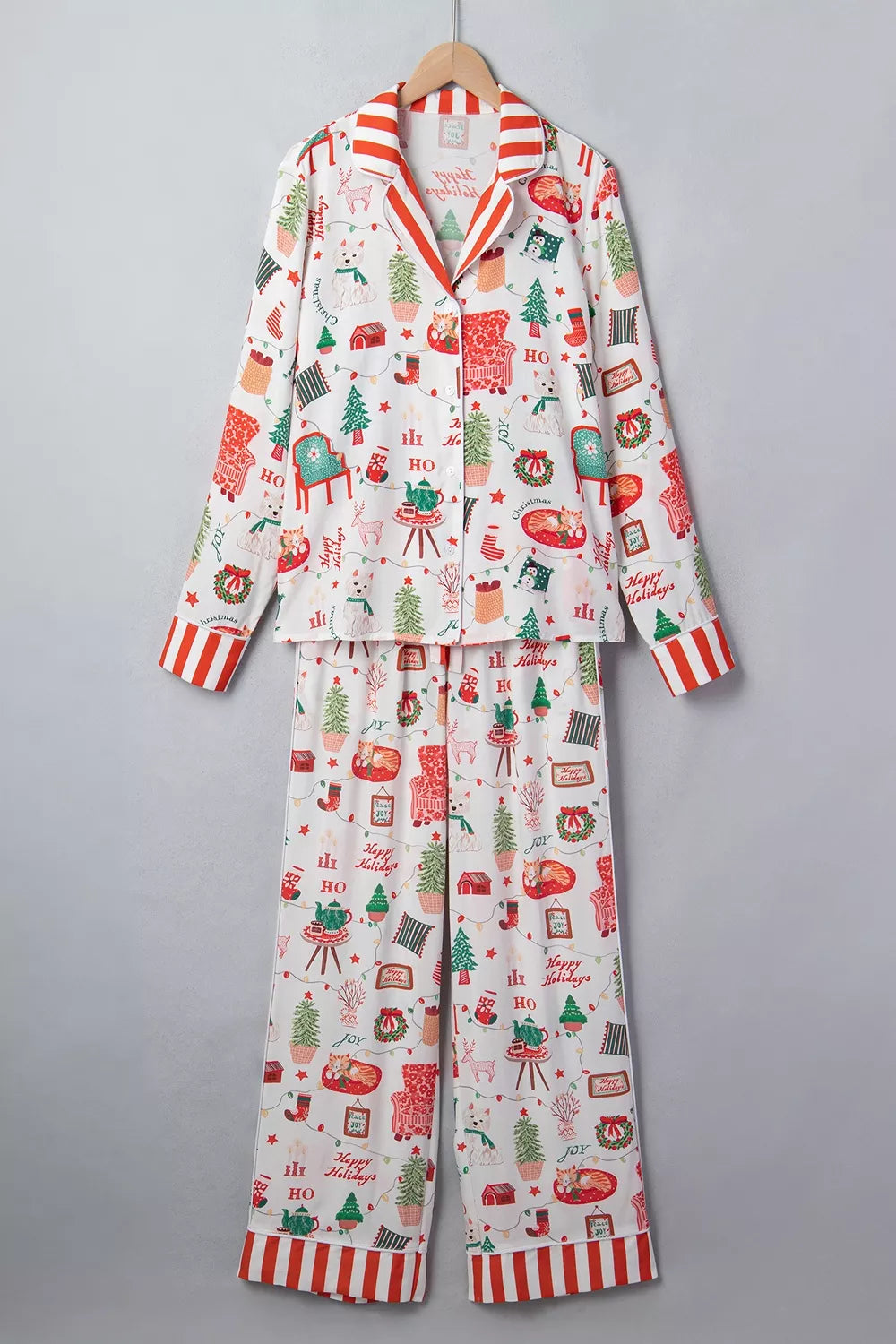 White striped holiday lounge set with button-front top and pants - view 8
