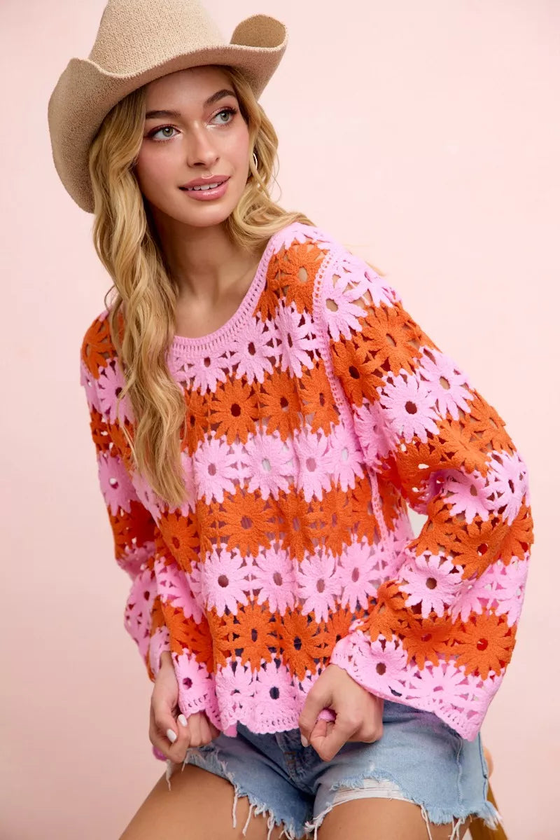 BiBi Flower Crochet Knit Top styled on model