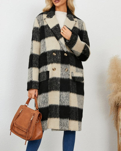 Plaid Double-Breasted Long Sleeve Coat