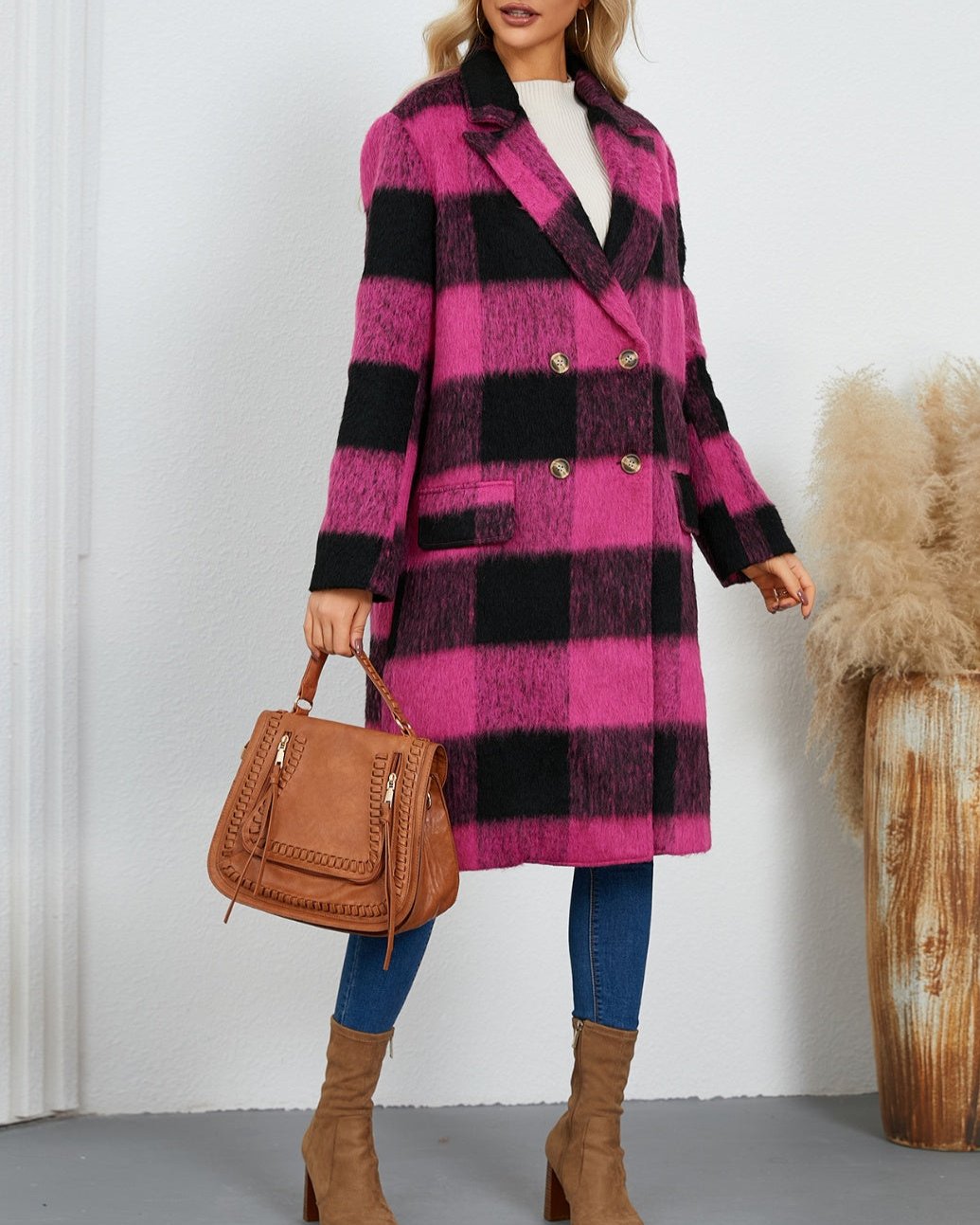 Plaid Double-Breasted Long Sleeve Coat