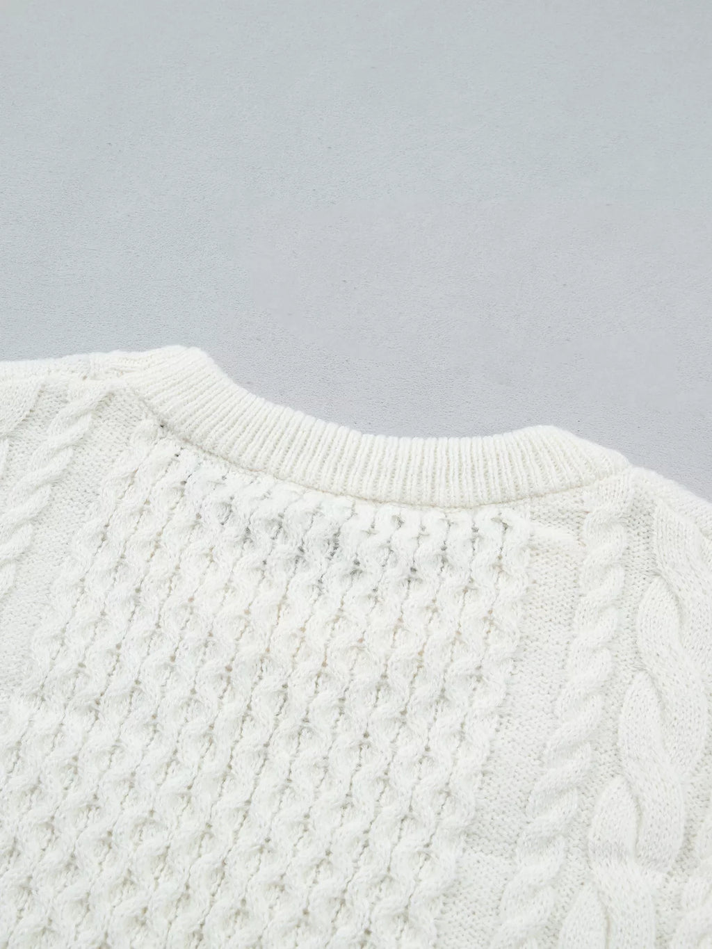White cable knit crew neck sweater, loose fit - view 10